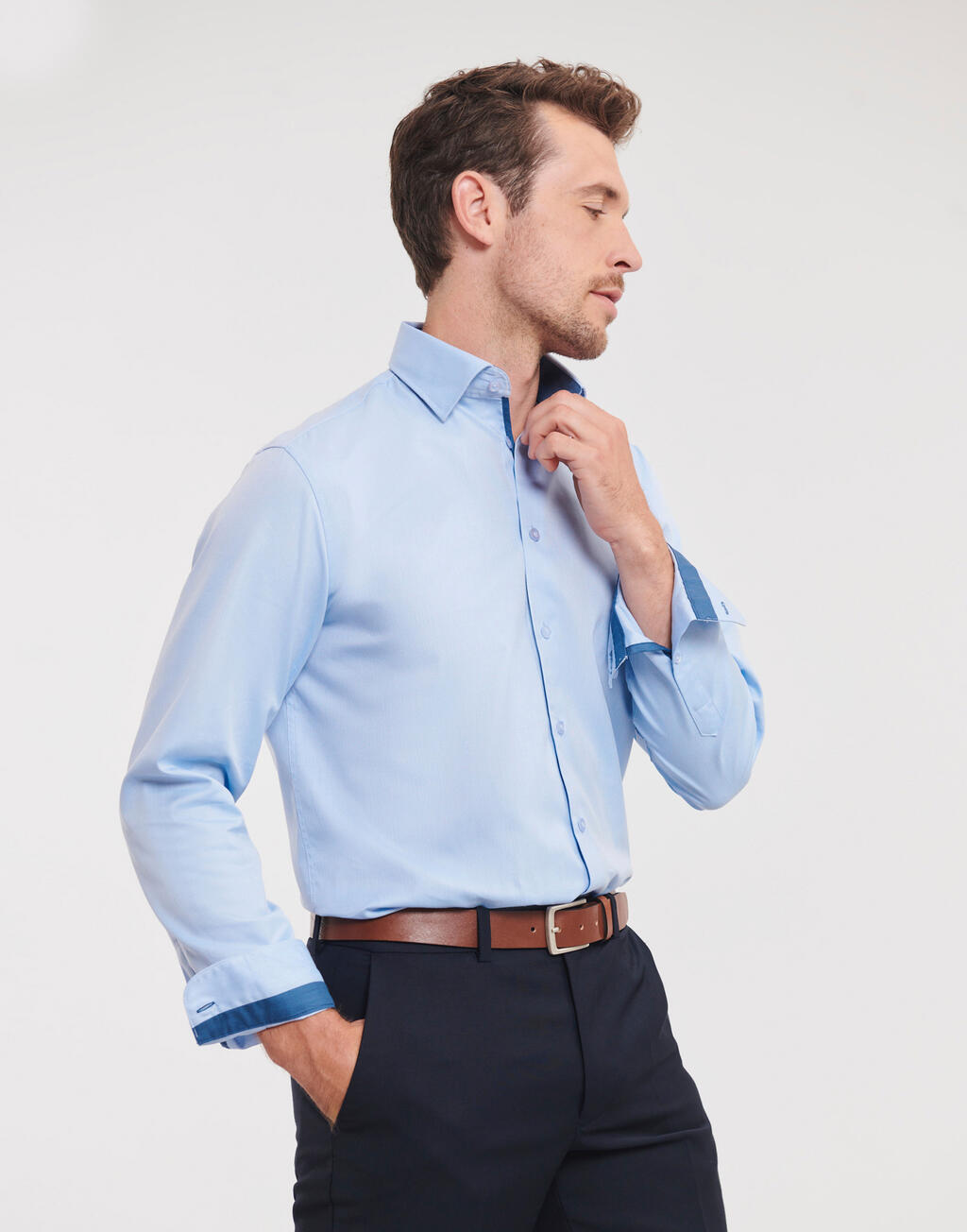Russell Collection Tailored Contrast Herringbone Shirt LS