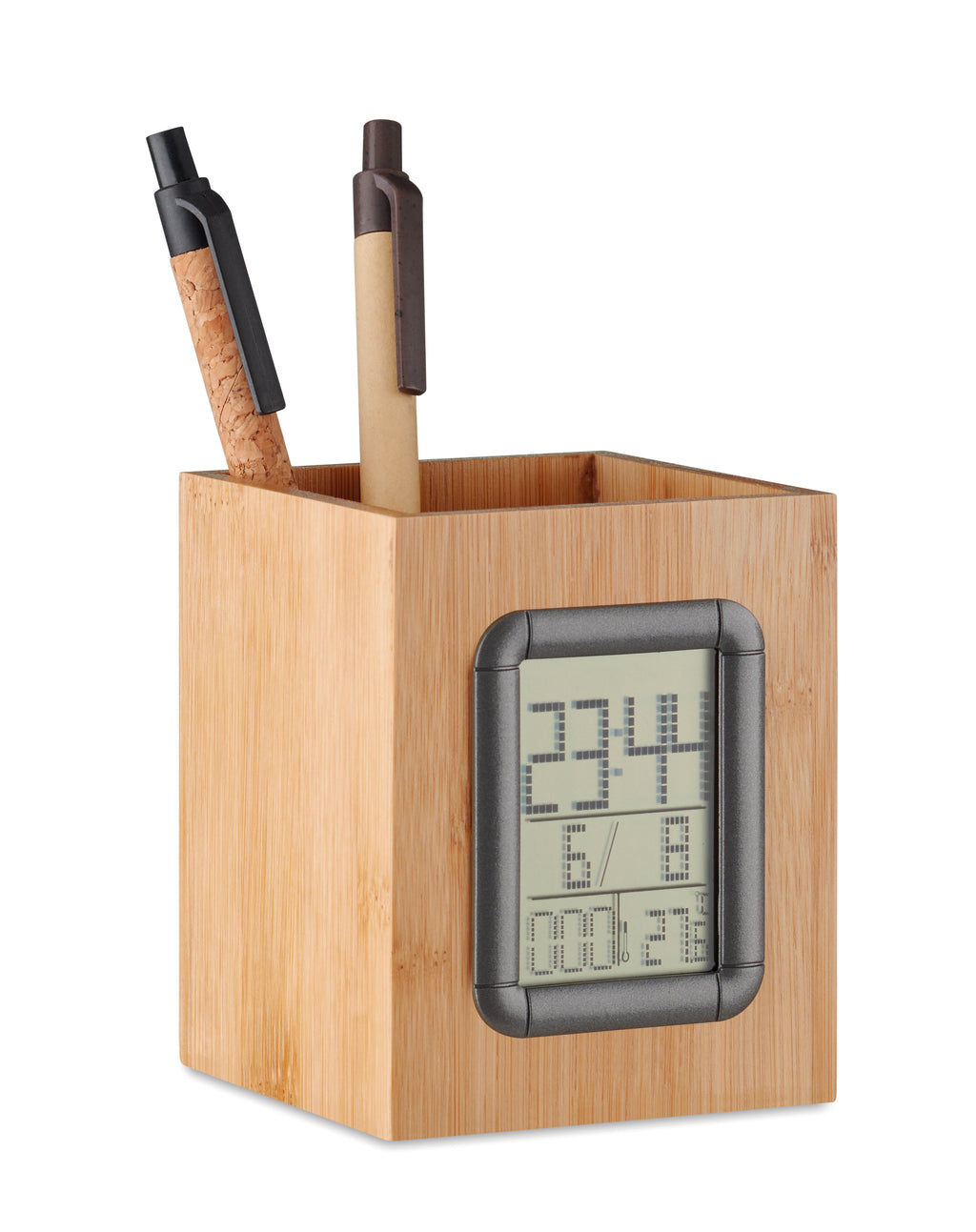 MANILA – Bamboo pen holder and LCD clock – item picture side