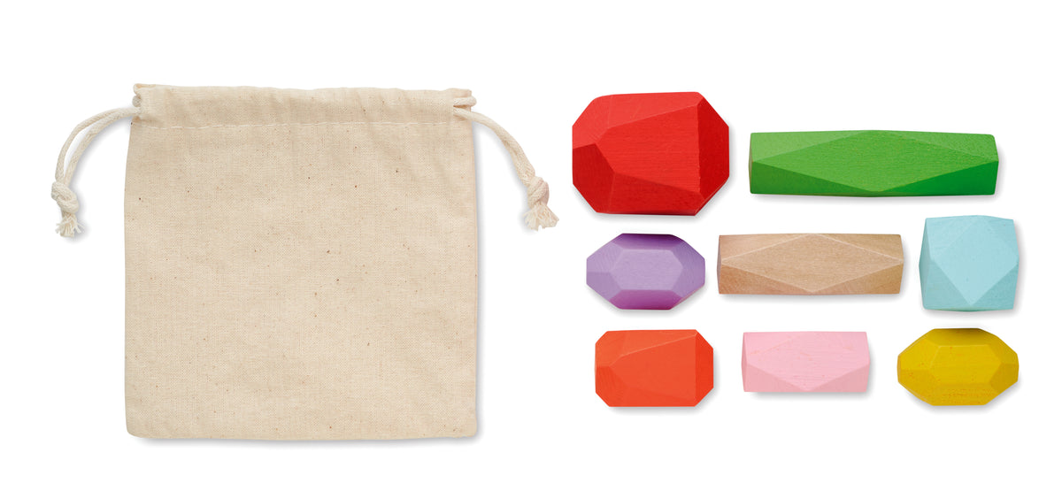 DOLMEN – 8 stacking wood rocks in pouch – item picture back