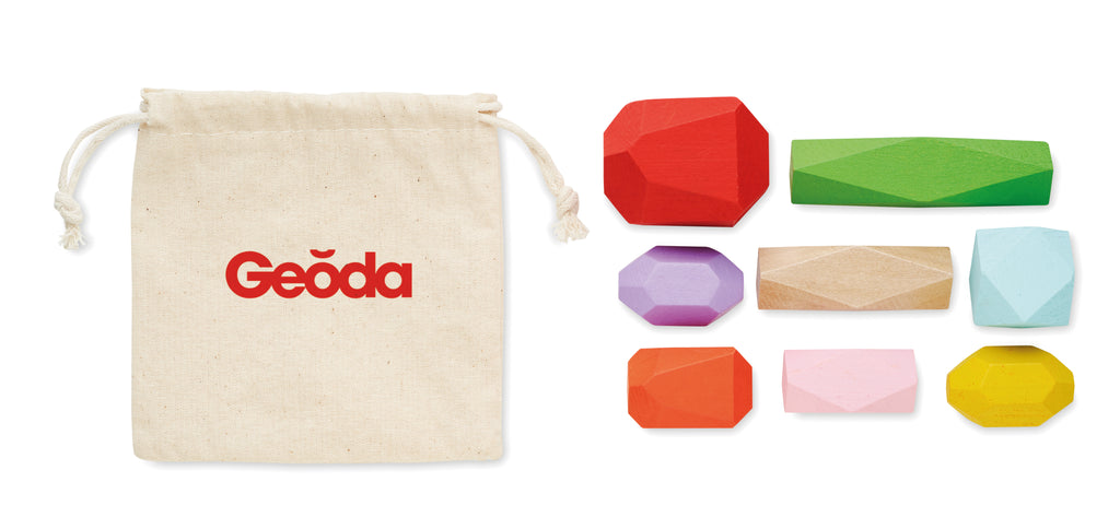 DOLMEN – 8 stacking wood rocks in pouch – item picture printed