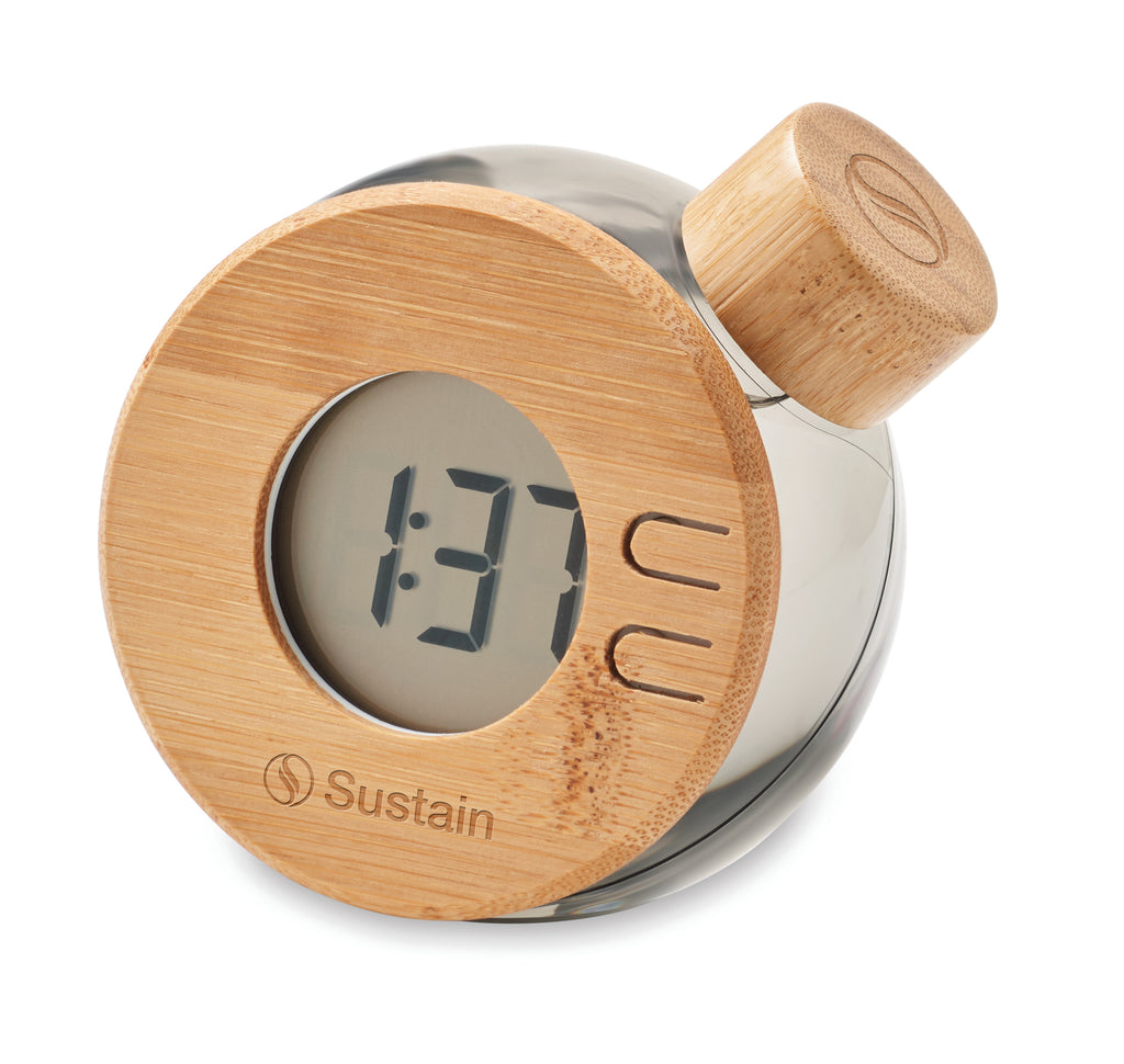 DROPPY LUX – Water powered bamboo LCD clock – item picture printed