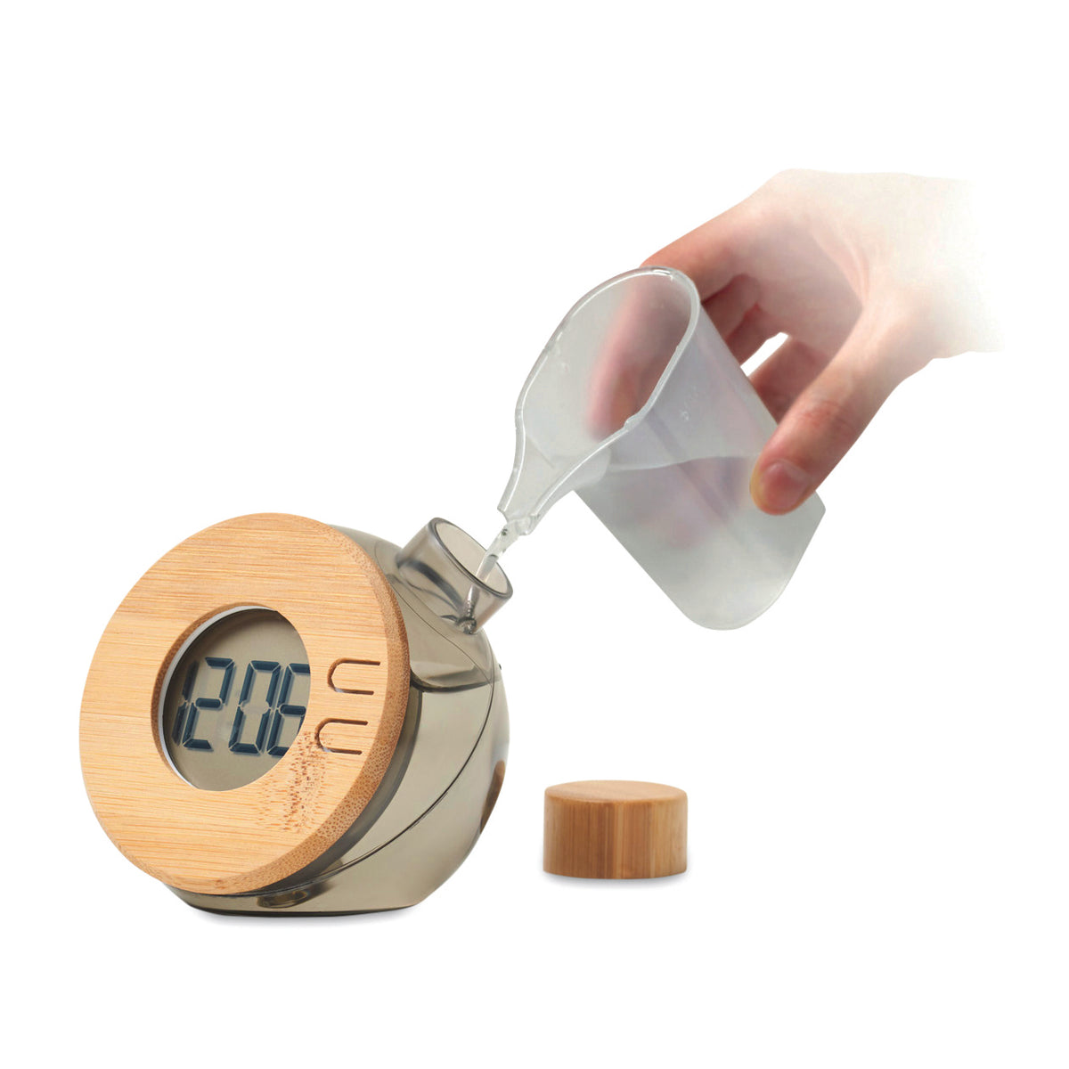 DROPPY LUX – Water powered bamboo LCD clock – Transparent Grey