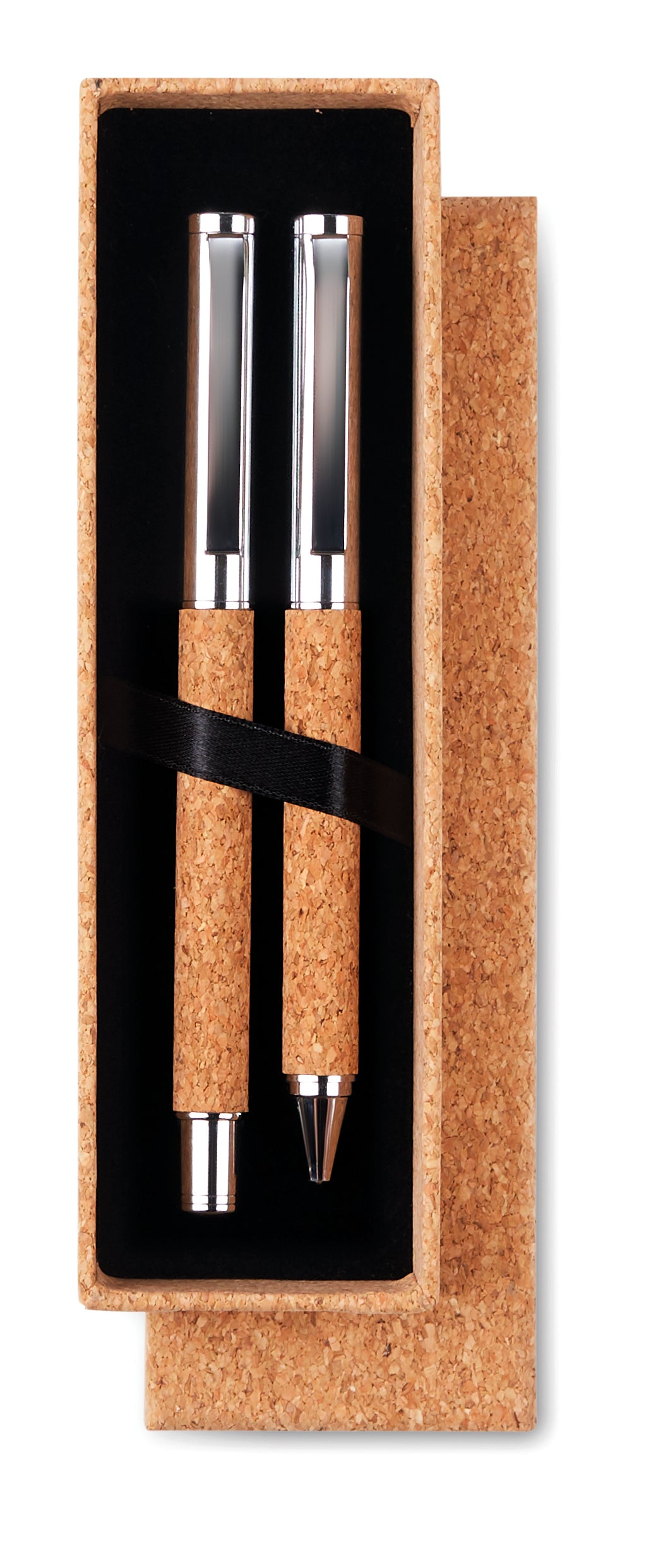QUERCUS – Metal Ball pen set in cork box – item picture side